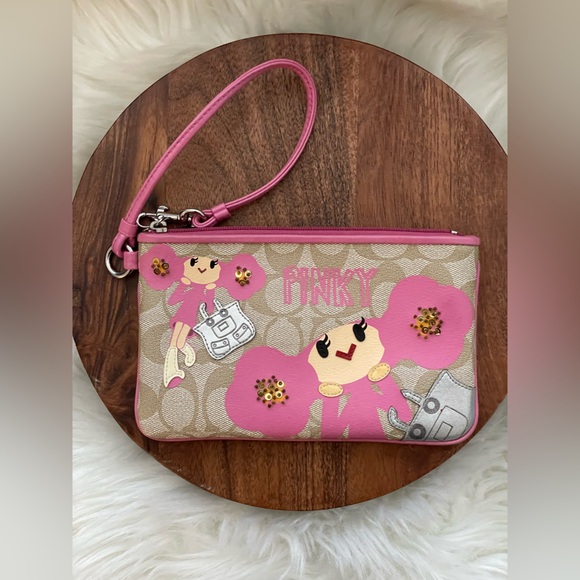 COACH Poppy Chan PINKY Signature Tan Coated Canvas Wristlet